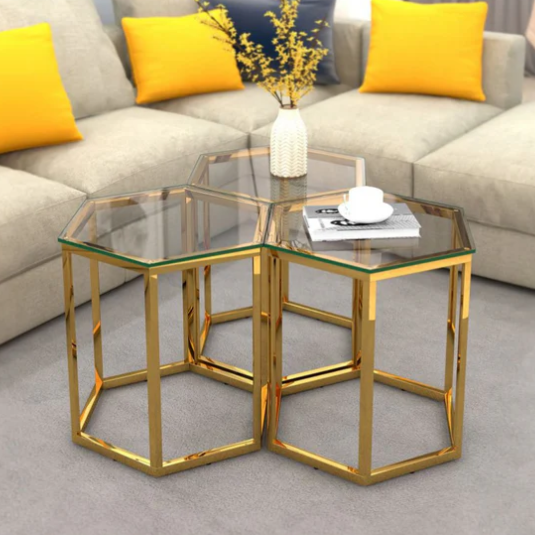 Fleur 3pc Accent Table Set in Gold And Silver