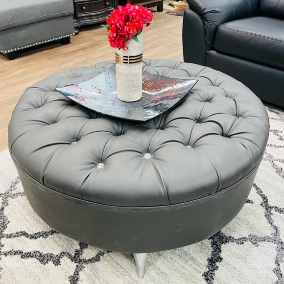 Round Tufted Leather Ottoman