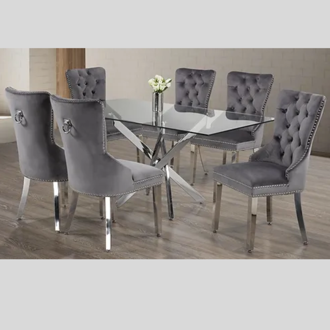 Clear Glass Dining Set with Tufted Chairs