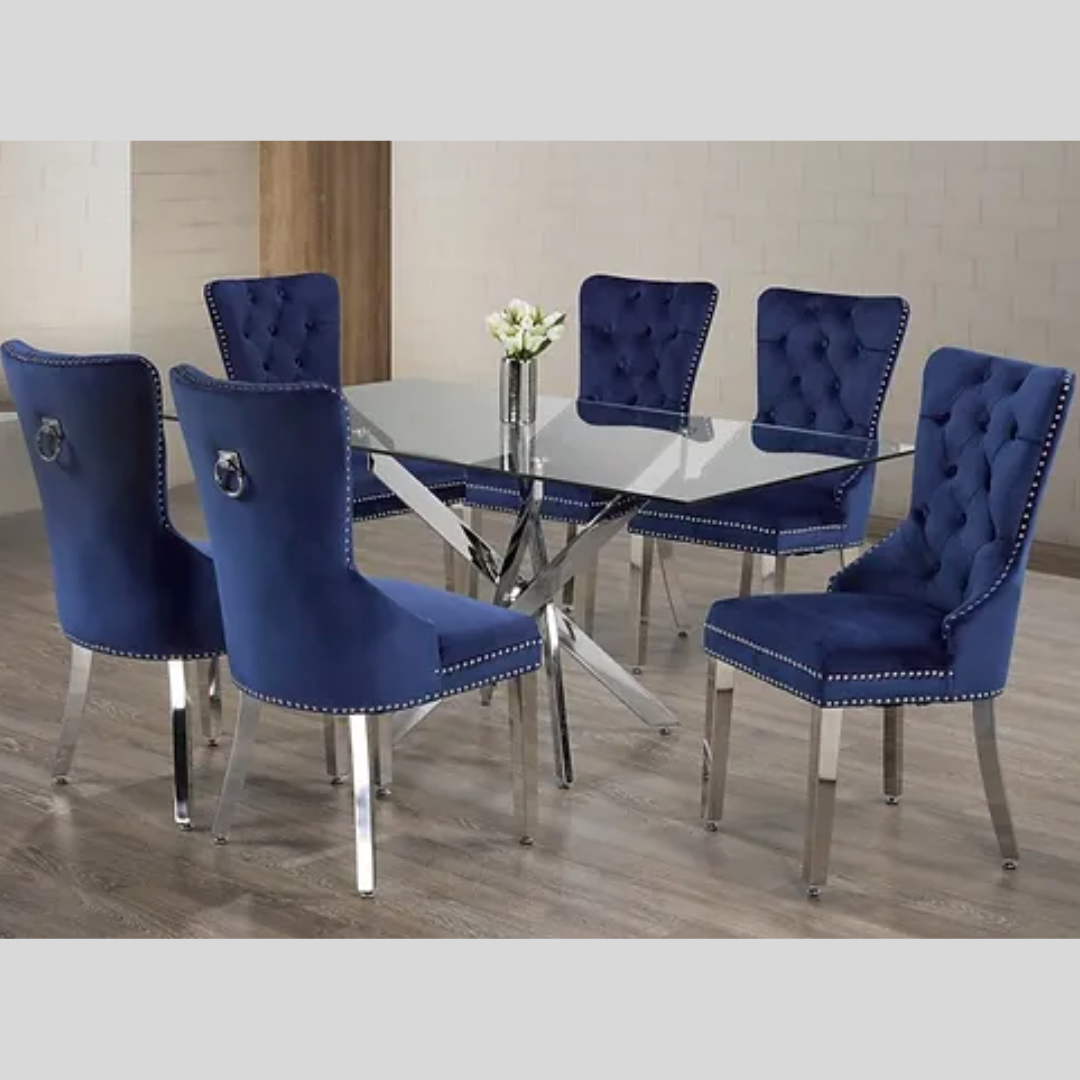 Clear Glass Dining Set with Tufted Chairs