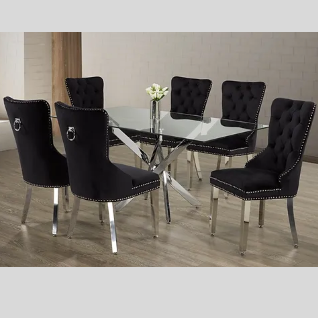 Clear Glass Dining Set with Tufted Chairs